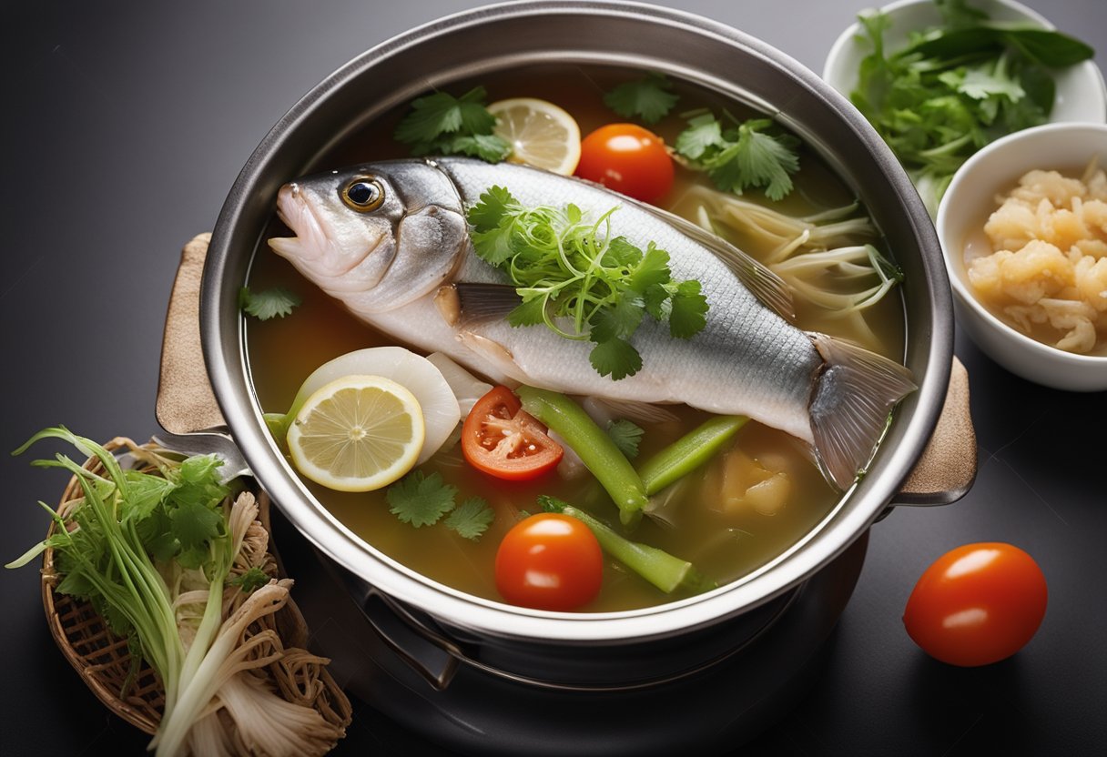 A whole fish steaming in a teochew-style broth, surrounded by slices of ginger, tomatoes, and scallions, with a fragrant aroma rising from the pot