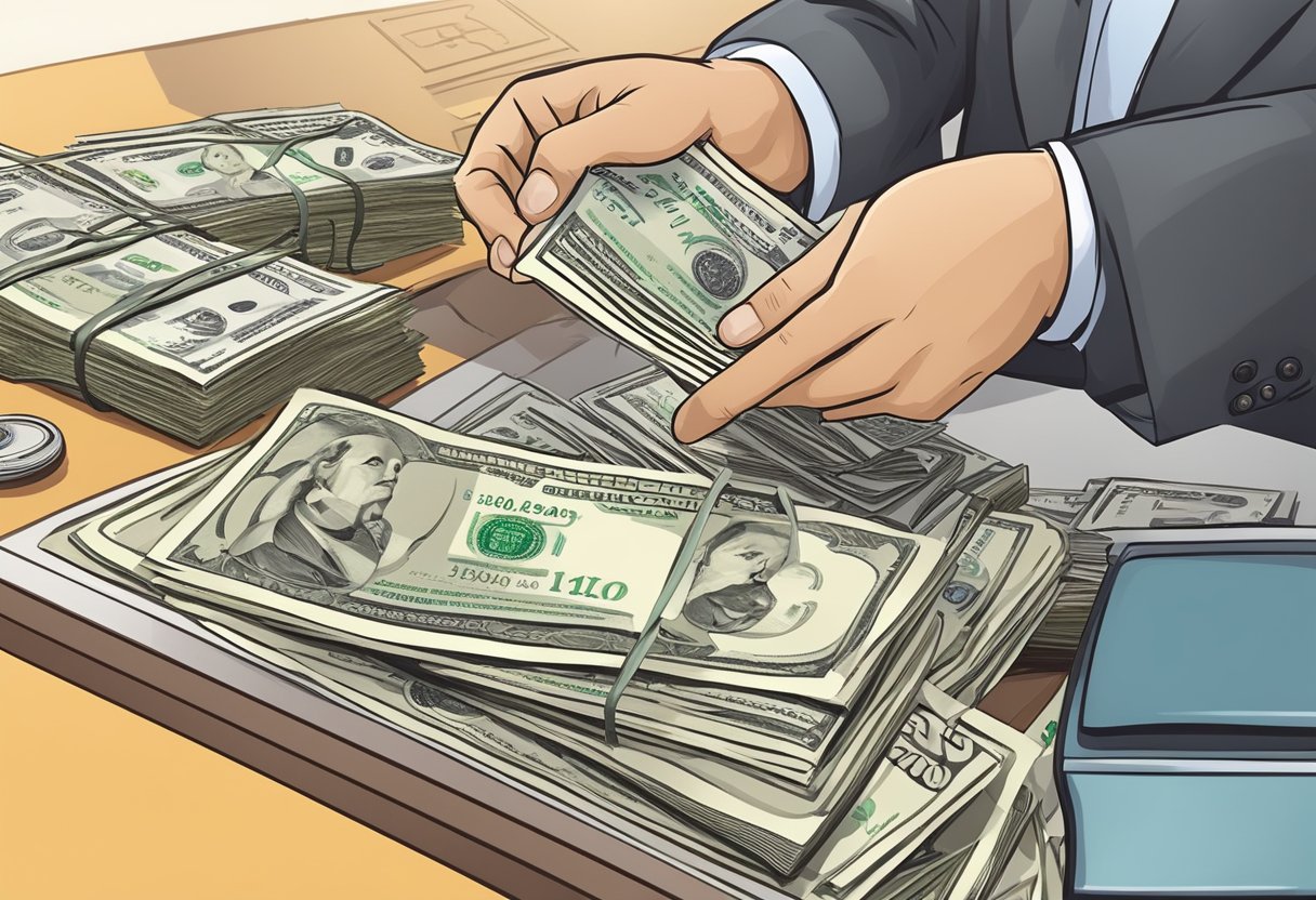 A money lender processes a cash check for a loan product