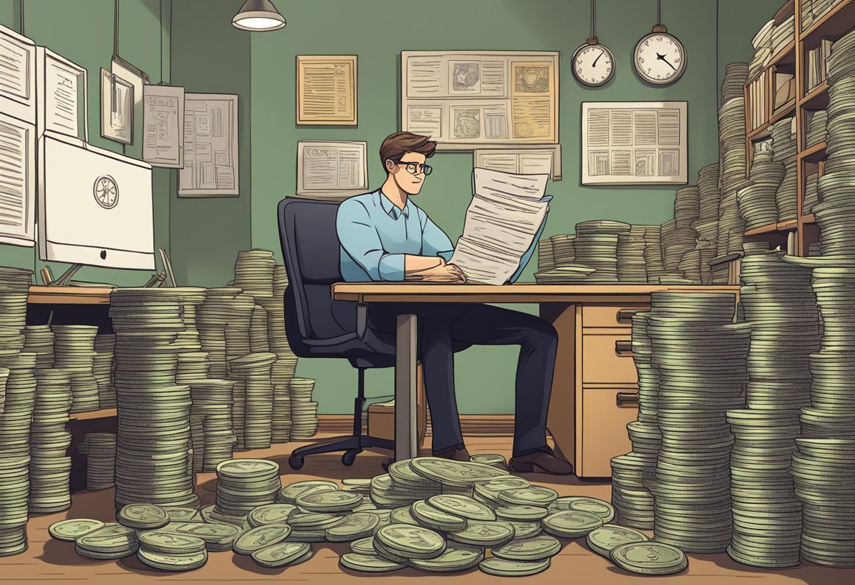 A money lender sitting at a desk, surrounded by stacks of coins and paperwork, with a sign reading "Frequently Asked Questions Europa 1400" prominently displayed