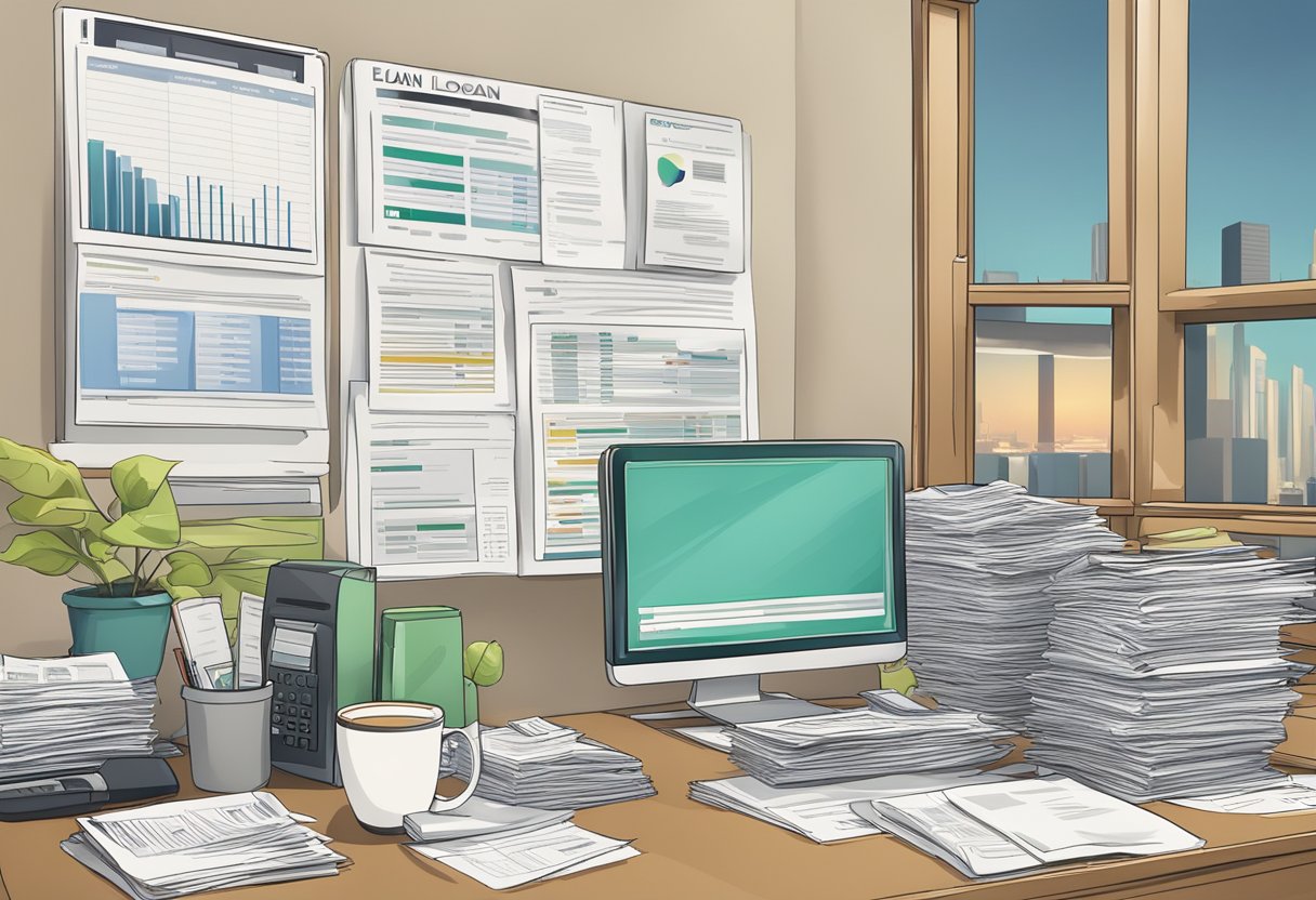 A cluttered desk with stacks of loan applications, a computer screen displaying financial data, and a sign advertising loan services