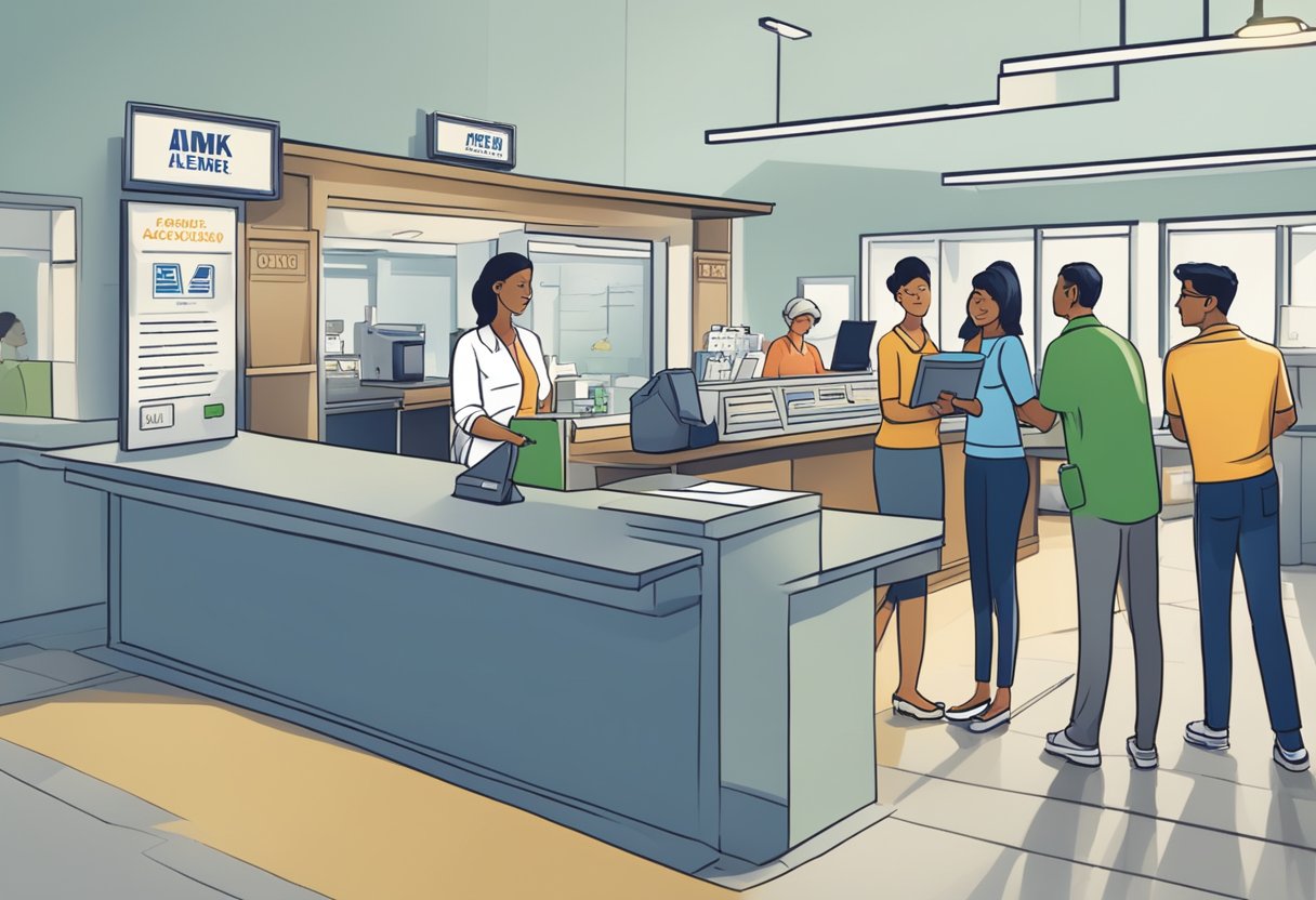 Customers lining up at AMK Money Lender counter, staff assisting with paperwork, signage displaying "Frequently Asked Questions" in bold letters