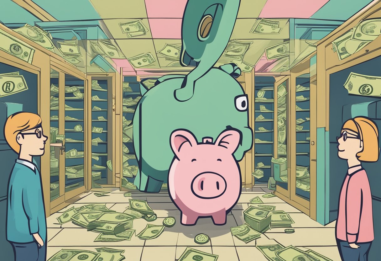 A stack of money surrounded by a bank vault, a piggy bank, and a line of people with question marks above their heads