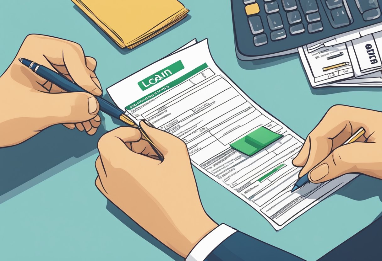 A person filling out a loan application form with a pen, while another person receives money from a lender and makes a repayment