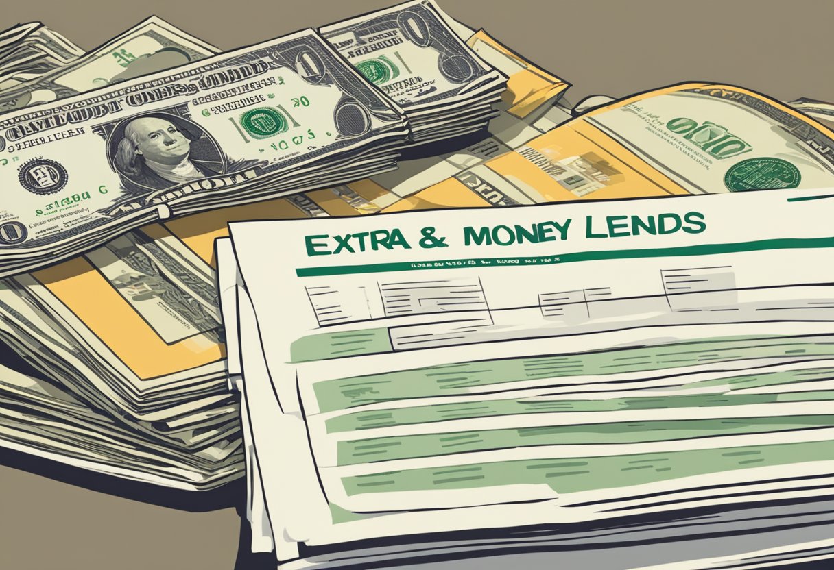 A stack of money sits next to a list of frequently asked questions about credit, with a sign that reads "extra money lender" in bold letters