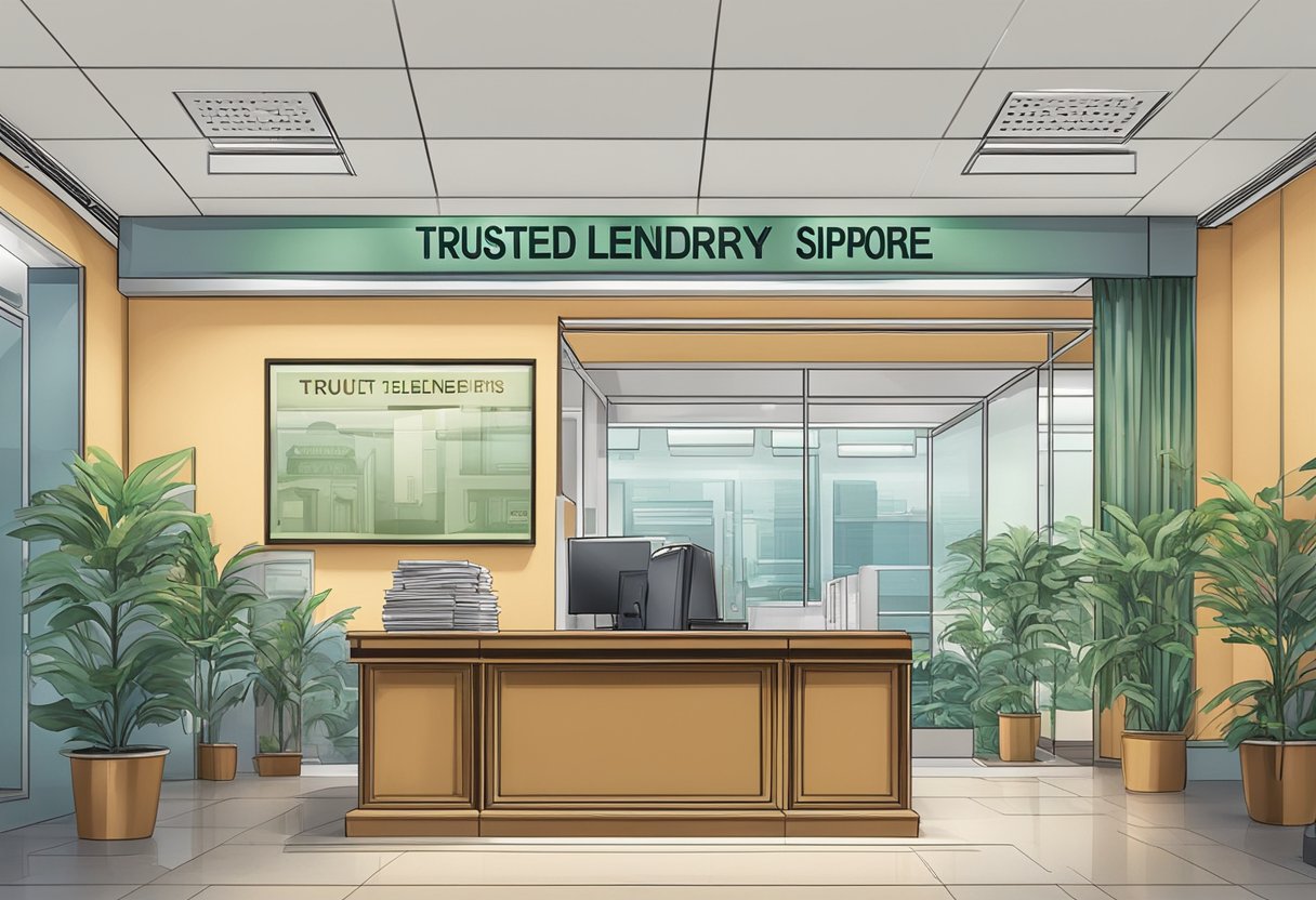 A money lender's office with a sign reading "trusted money lender singapore" and a secure-looking vault in the background