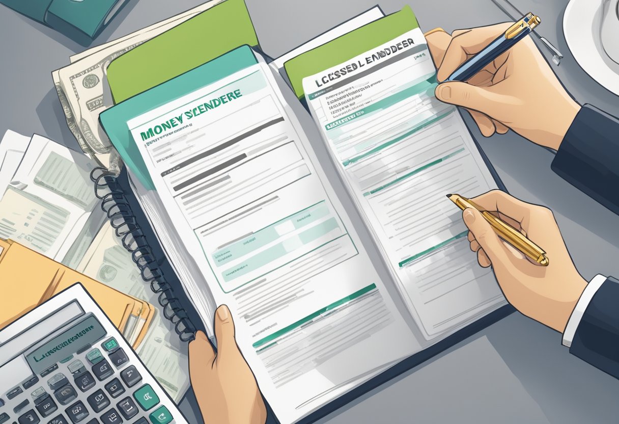 A person holding a document with "Licensed Moneylender" and "Singapore" clearly visible, while checking a list of licensed moneylenders