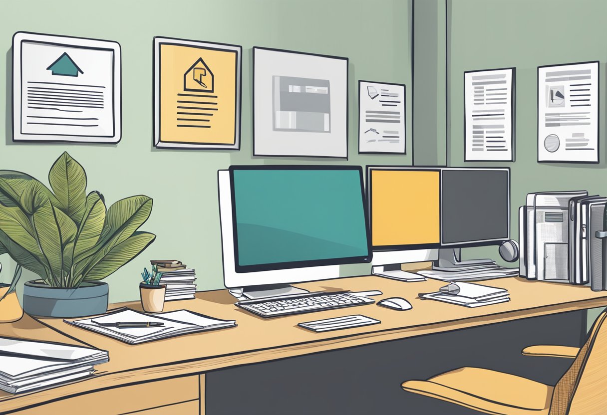 A desk with a computer, paperwork, and a sign reading "Employment Insights and Benefits licensed money lender jobs" in a modern office setting