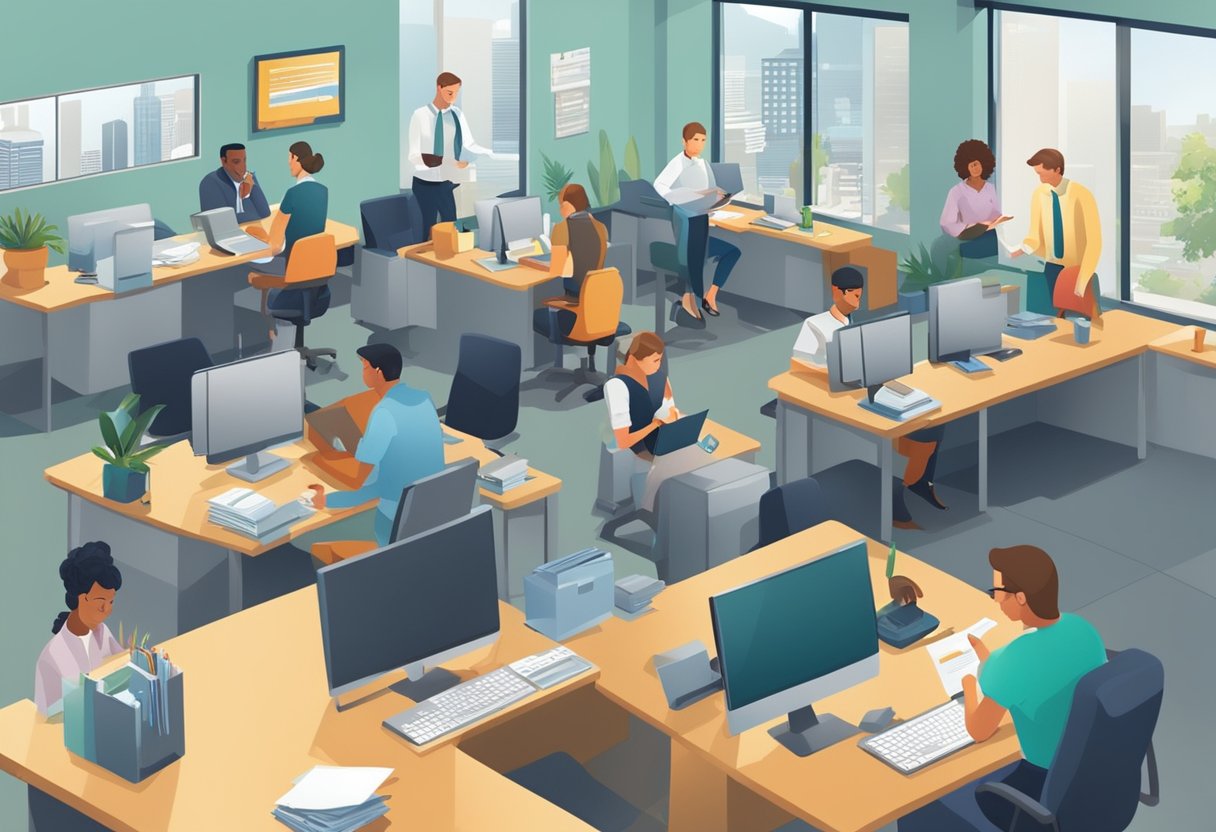 A busy office with people consulting, typing, and answering calls about licensed money lending. Signs and brochures display FAQs