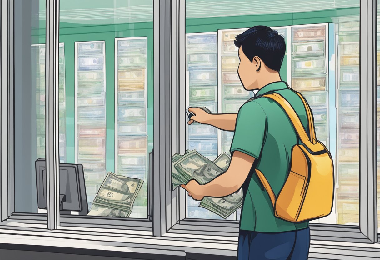 A person checking a license on a money lender's office window in Singapore