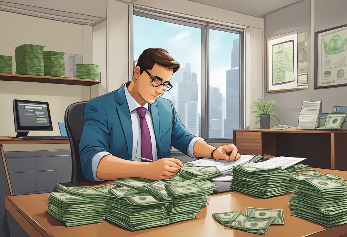 A licensed moneylender sits behind a desk, counting money and reviewing loan documents in a well-lit office. The walls are adorned with certificates and the room is neat and professional