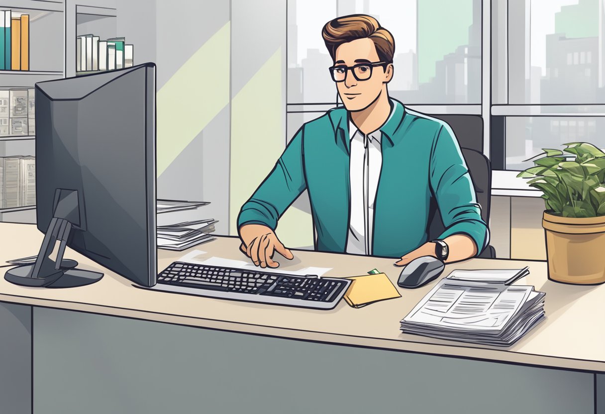 A person inquiring about a money lender license at a desk with a computer and documents, with a sign indicating "Frequently Asked Questions" prominently displayed