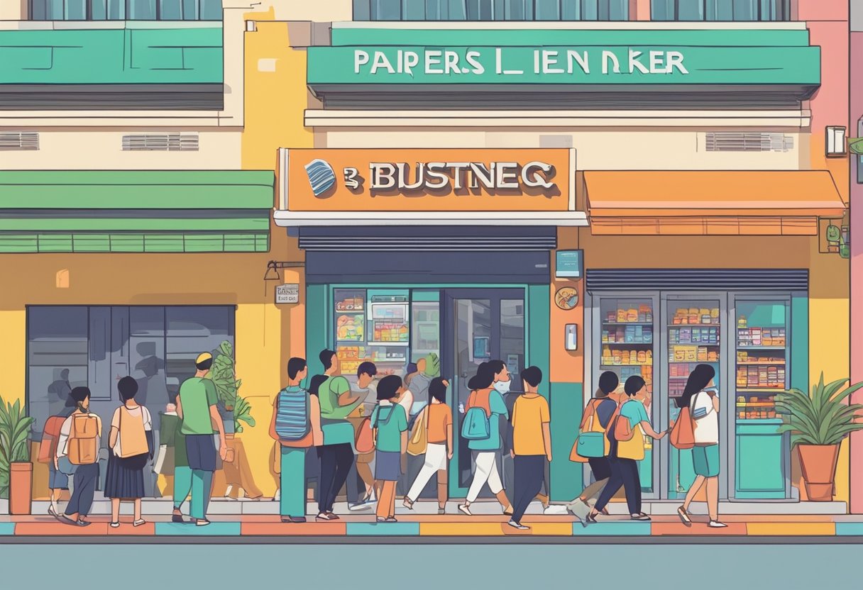 A bustling street in Pasir Ris, with a prominent sign for a licensed money lender. People are seen entering and exiting the establishment, while others wait in line outside. The storefront is adorned with bright colors and bold lettering