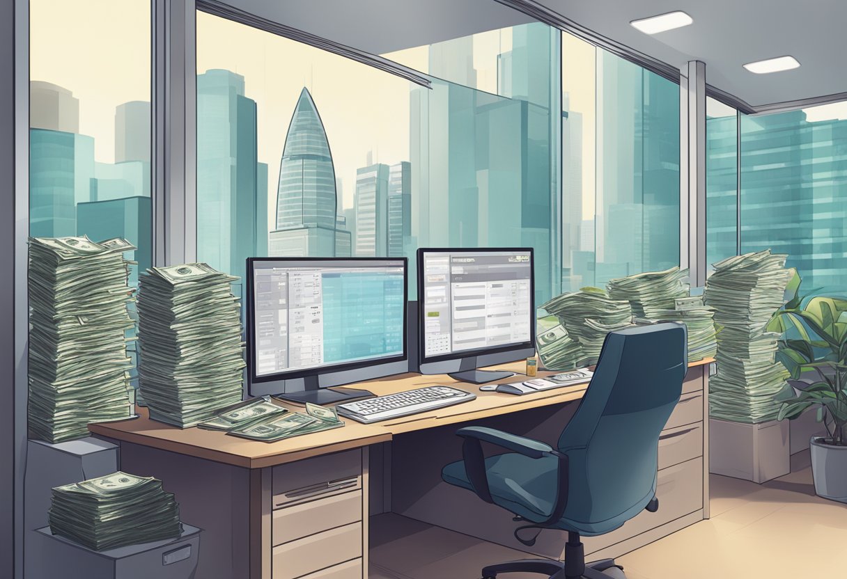 Sim Lim Tower money lender: A small, cluttered office with a glass window displaying currency exchange rates. A desk with stacks of cash and a computer