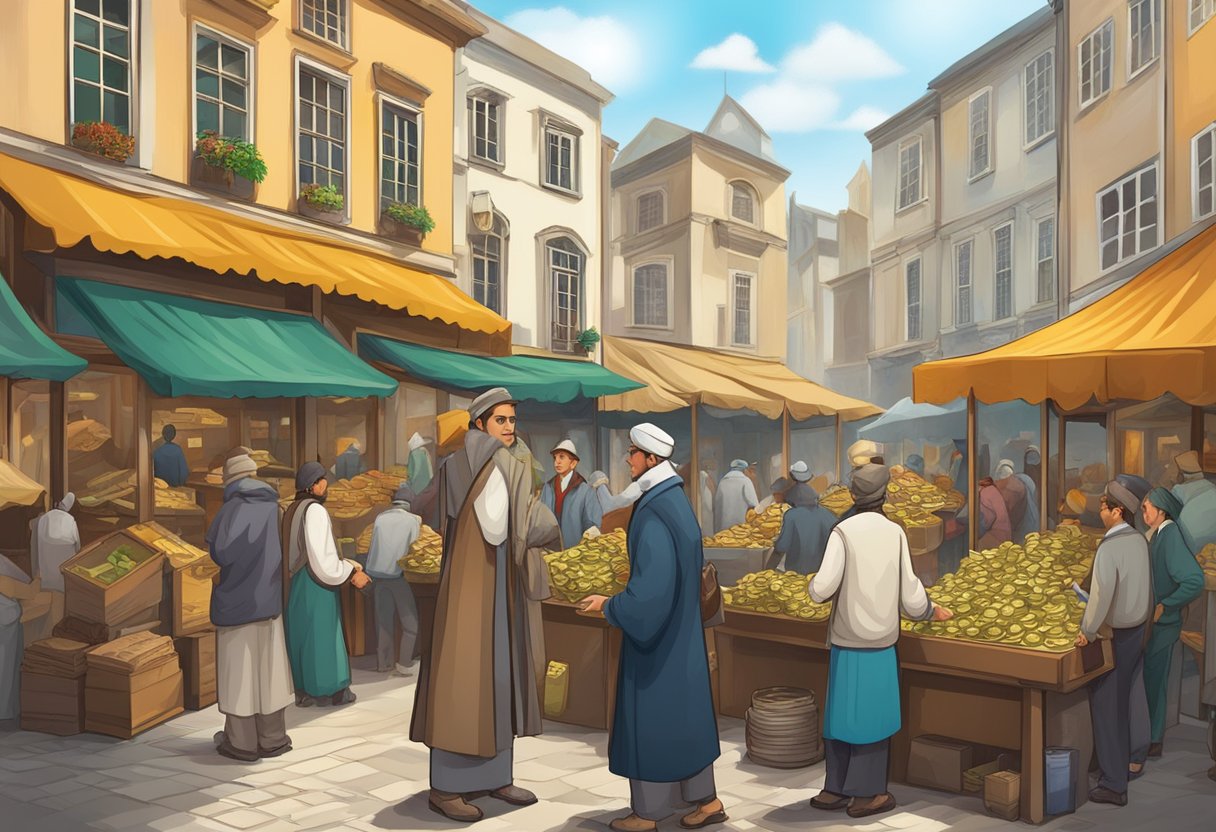 The merchant and the money lender exchange goods and currency in a bustling marketplace