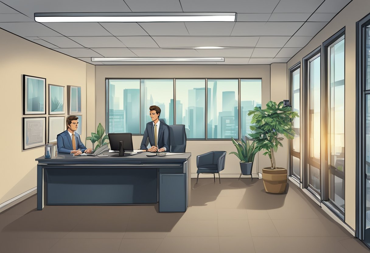 A licensed money lender's office with a sign, desk, and clients discussing loans. No human subjects or body parts included
