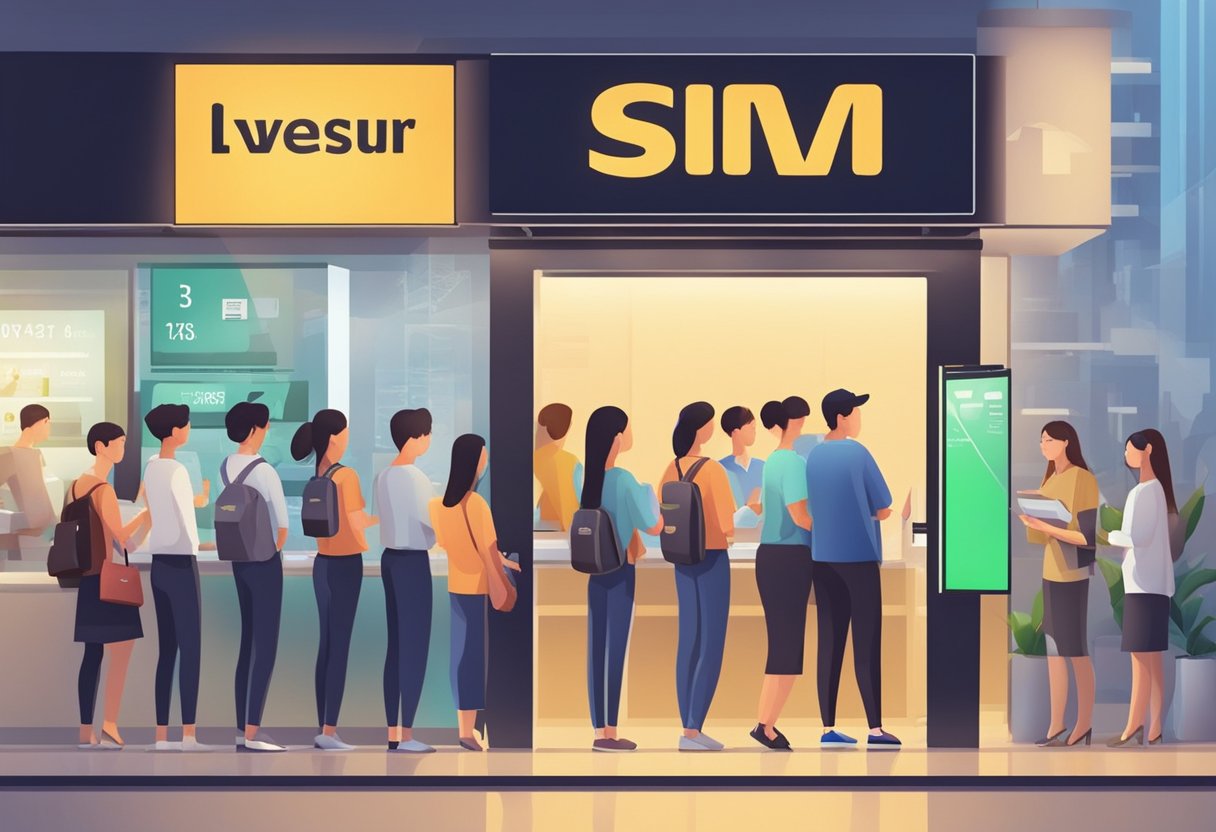 People queue at Sim Lim Tower money lender. Signs display interest rates and loan terms. The lender interacts with customers at the counter