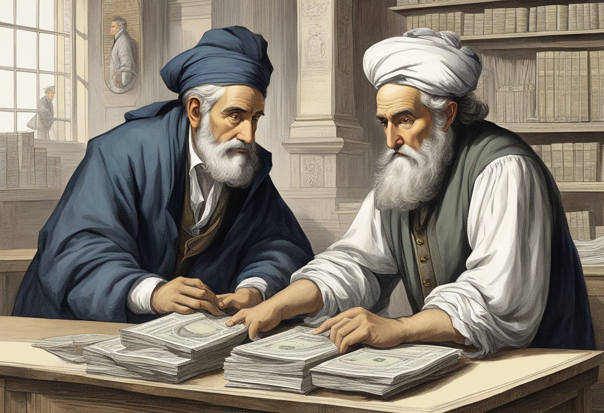 The merchant presents his ledgers to the money lender, who scrutinizes the figures with a calculating gaze. The tension in the air is palpable as they negotiate terms