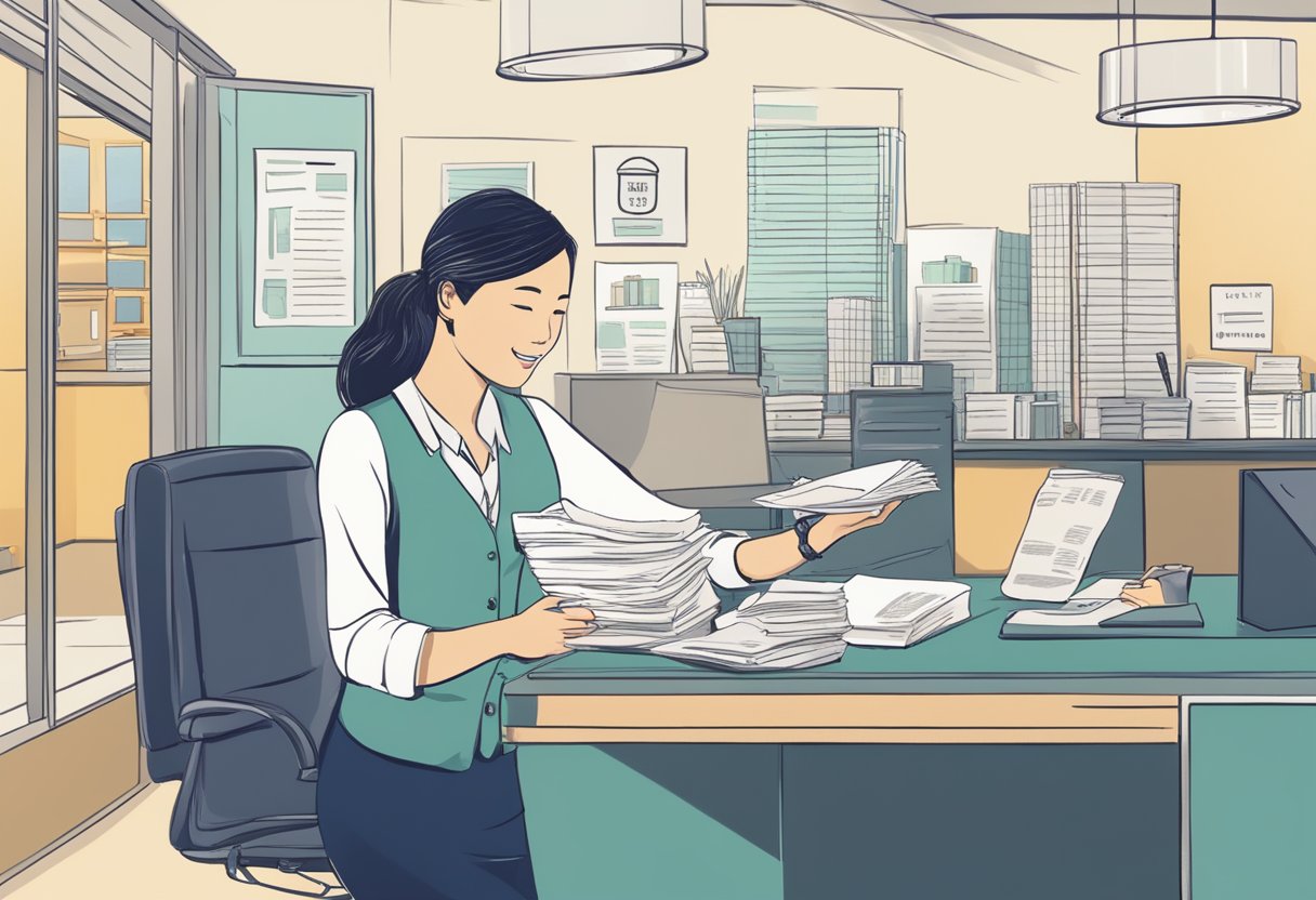 A brightly lit office with a friendly receptionist, a stack of pamphlets, and a sign that reads "Frequently Asked Questions trusted money lender singapore."