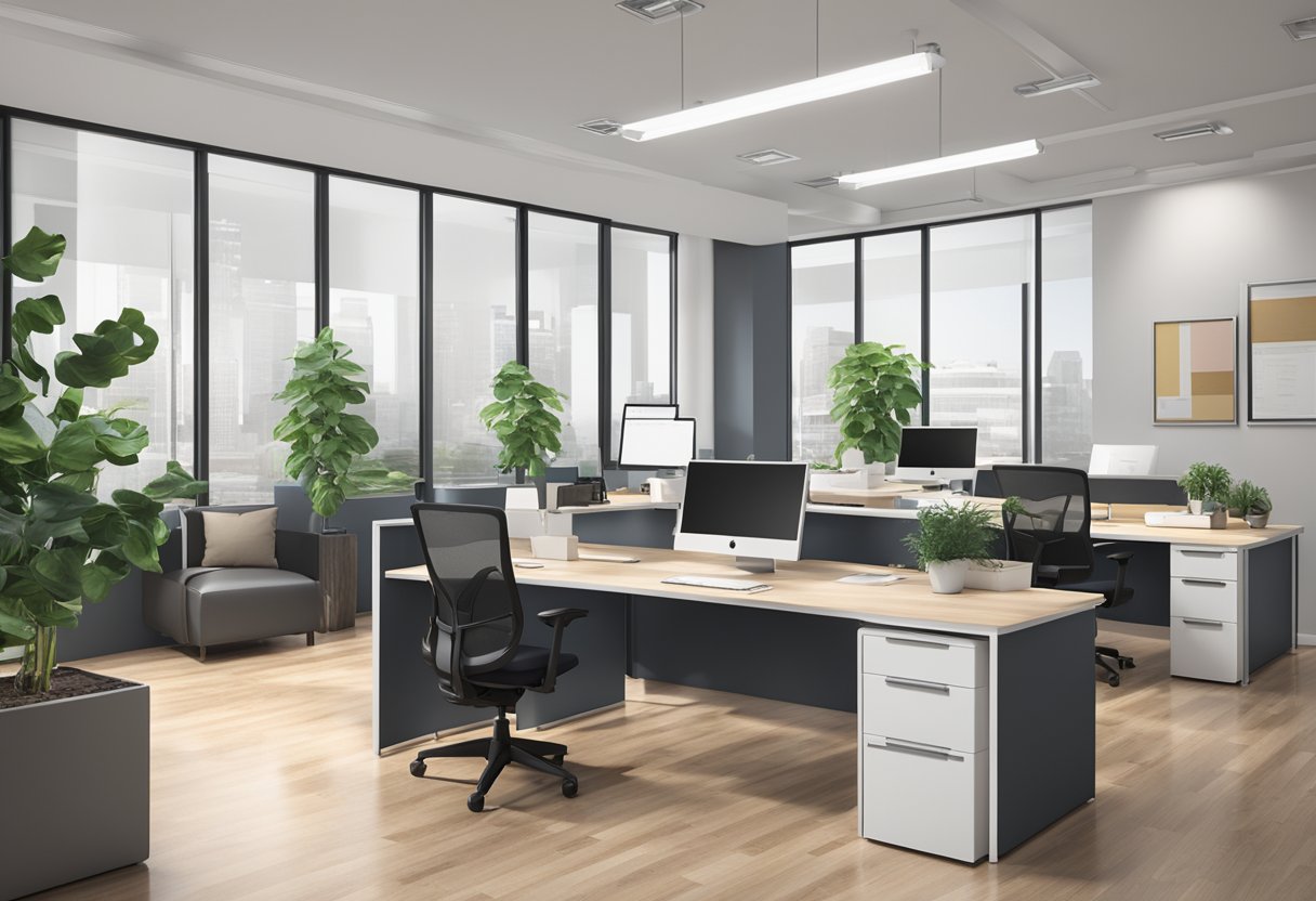 A modern office space with the ABM license money lender logo prominently displayed on the wall. A sleek desk with a computer and paperwork, and a professional atmosphere