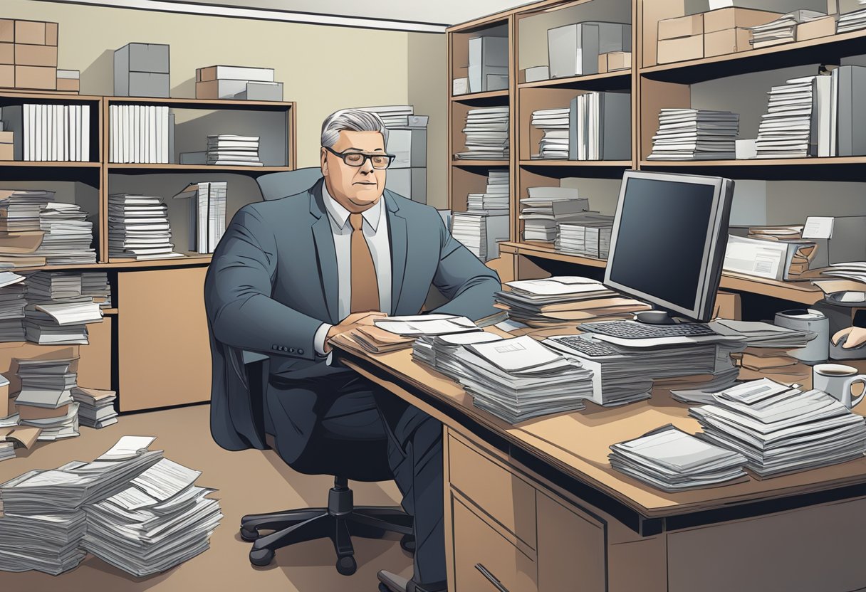 Avis money lender's office: cluttered desk, stacks of papers, open safe, and a stern-looking manager