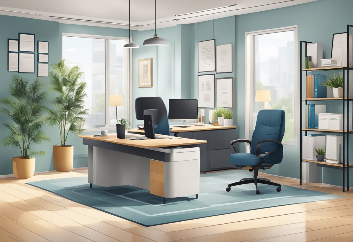 A sleek office with a professional-looking staff, displaying awards and positive customer testimonials