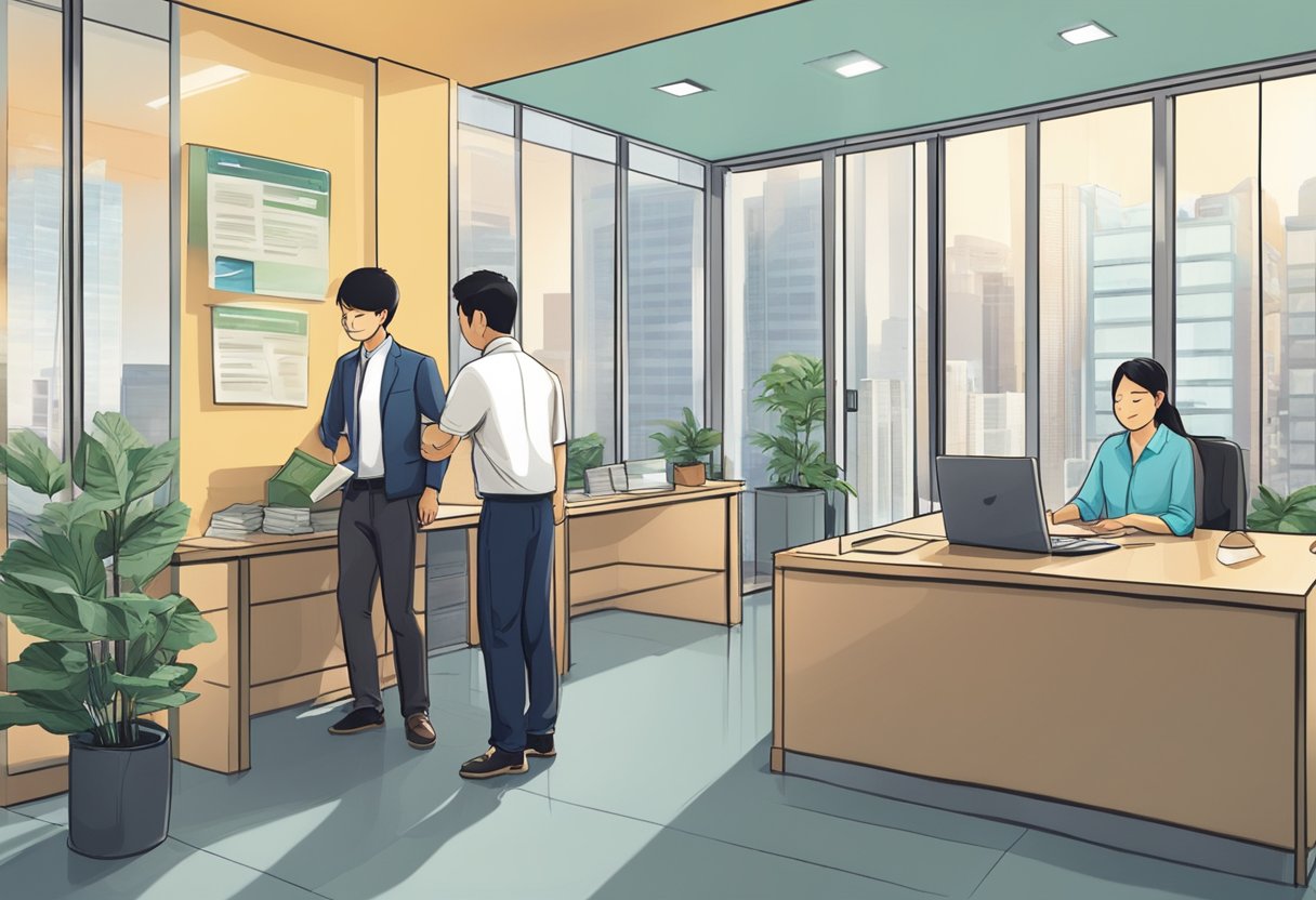 A person enters a money lender's office in Sim Lim Tower. They fill out paperwork and discuss terms with the lender. Finally, they receive a loan and leave satisfied
