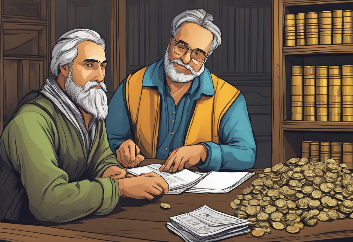 A merchant counting coins while a money lender looks on, with a ledger and contracts in the background
