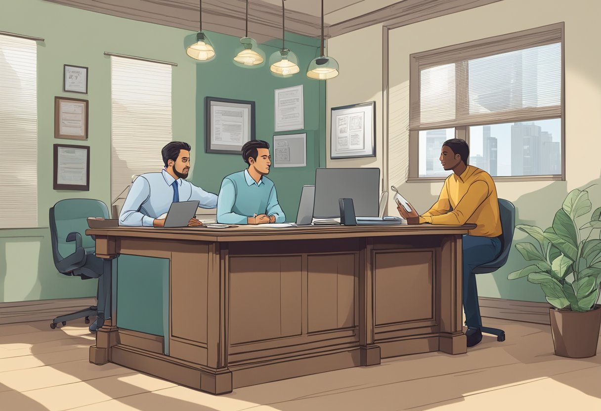 A money lender sits behind a desk, displaying an ABM license on the wall. A customer discusses loan terms as the lender explains the process