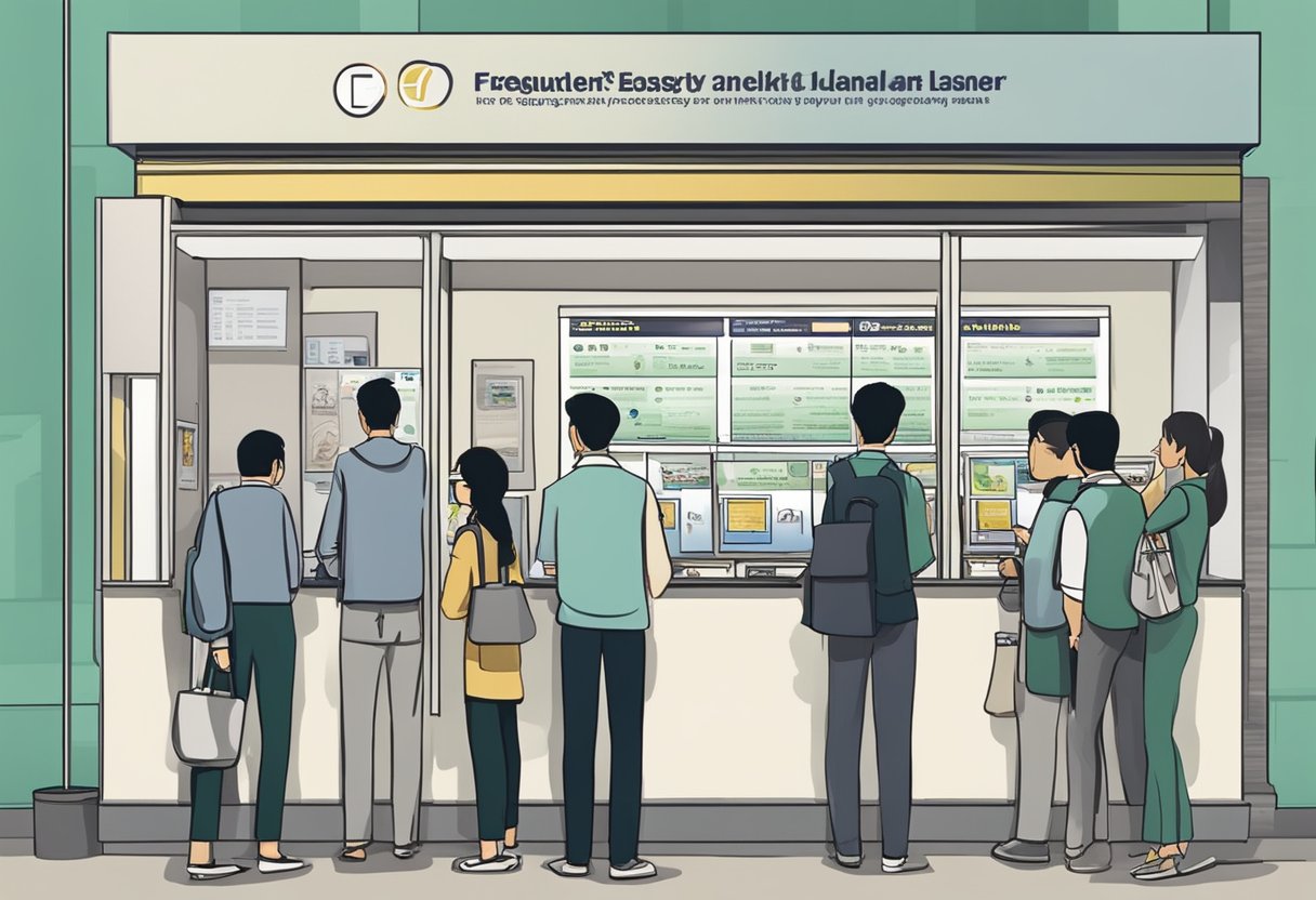 Customers line up at a money lender's booth in Sim Lim Tower, Singapore. Signs with "Frequently Asked Questions" are displayed prominently