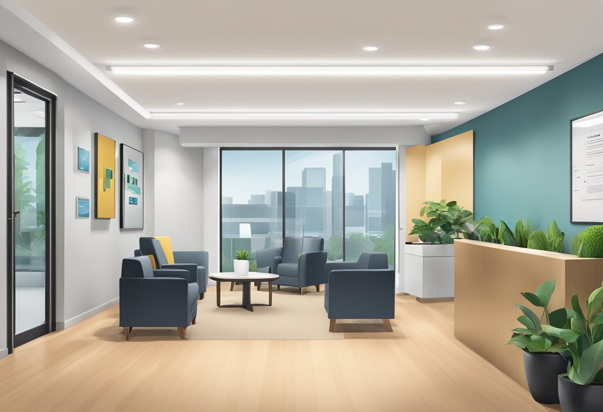 Avis Money Lender office with a sign, desk, and waiting area. Bright, clean, and professional environment