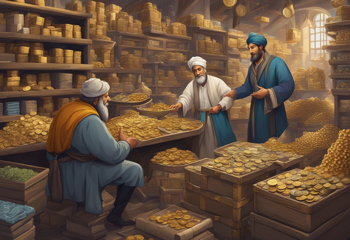 The merchant and money lender discuss terms in a bustling marketplace, surrounded by stacks of coins and goods