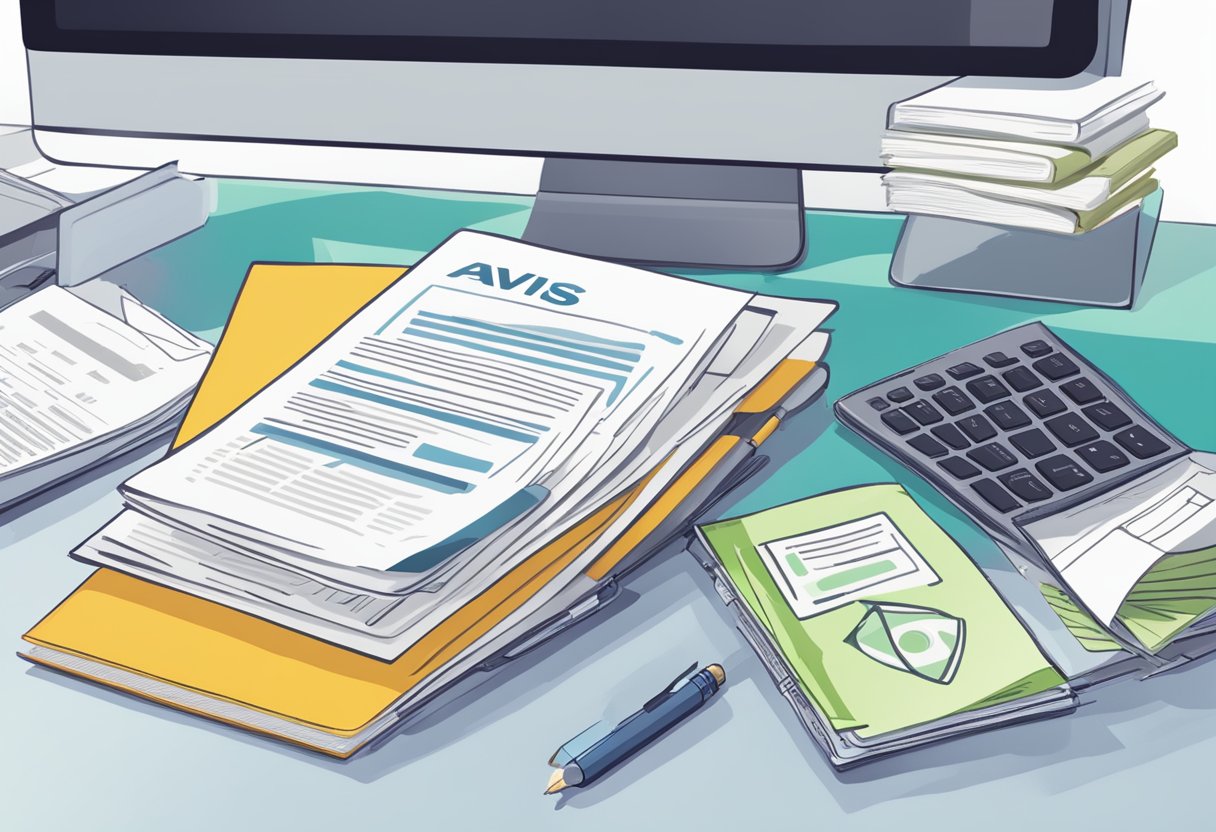 A stack of FAQ documents with "Frequently Asked Questions" and "Avis Money Lender Review" printed on them, surrounded by a computer, pen, and notebook