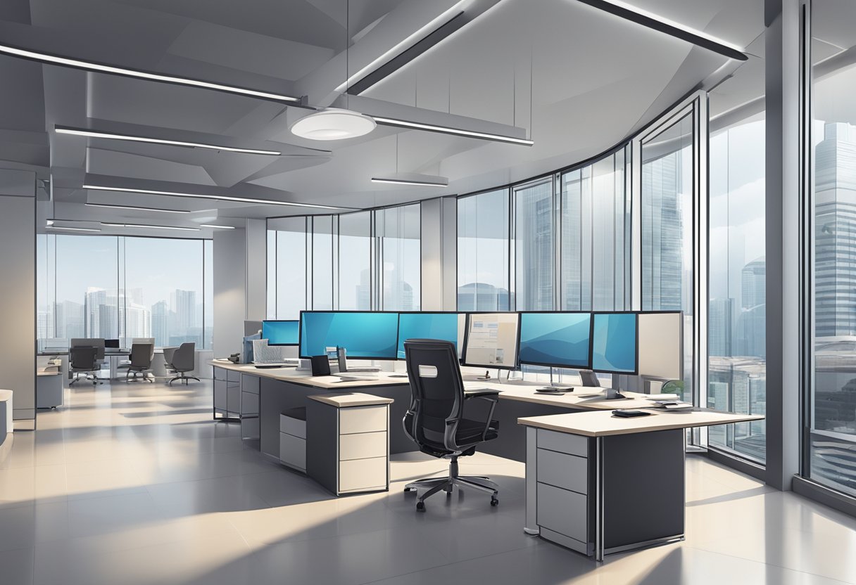 A sleek, modern office with a prominent sign reading "Navigating Financial Solutions: Best Licensed Money Lender in Singapore."