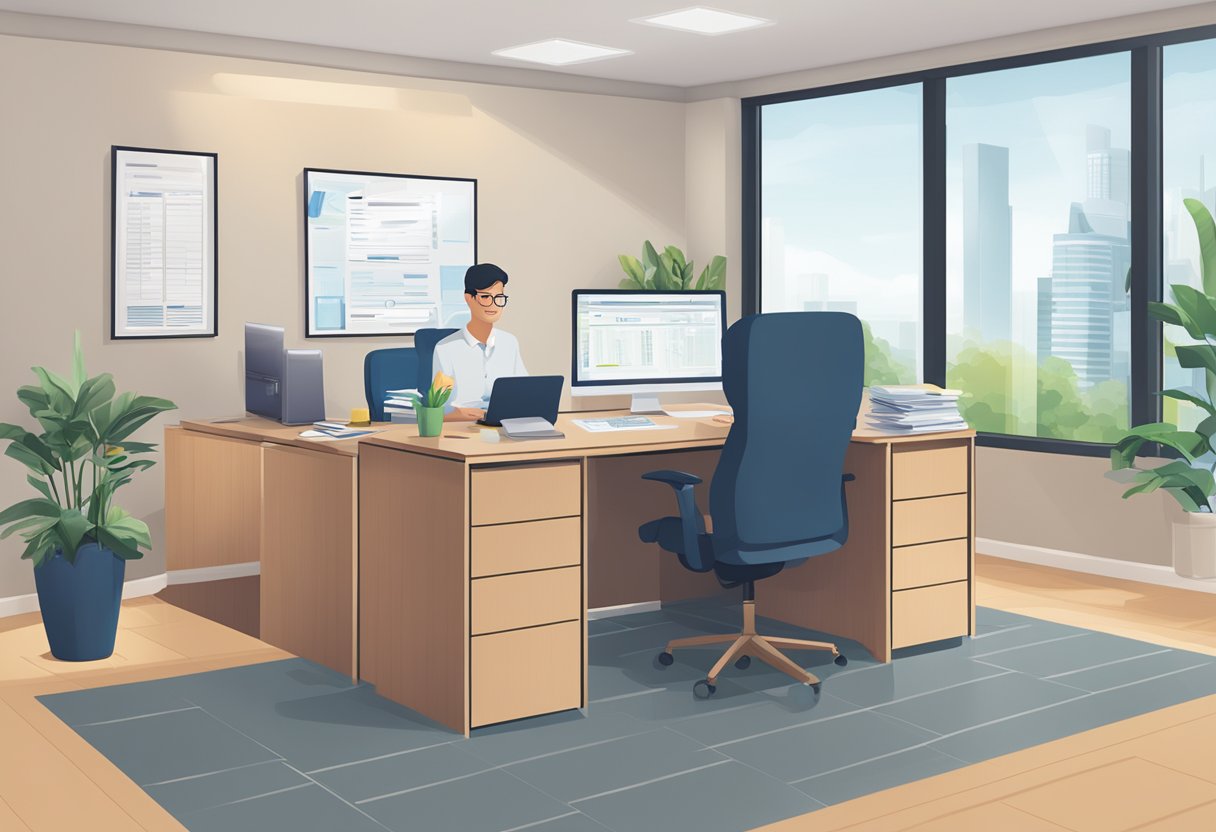 An office setting with a licensed money lender sign in Pasir Ris. A desk with financial documents, a computer, and a customer receiving financial advice