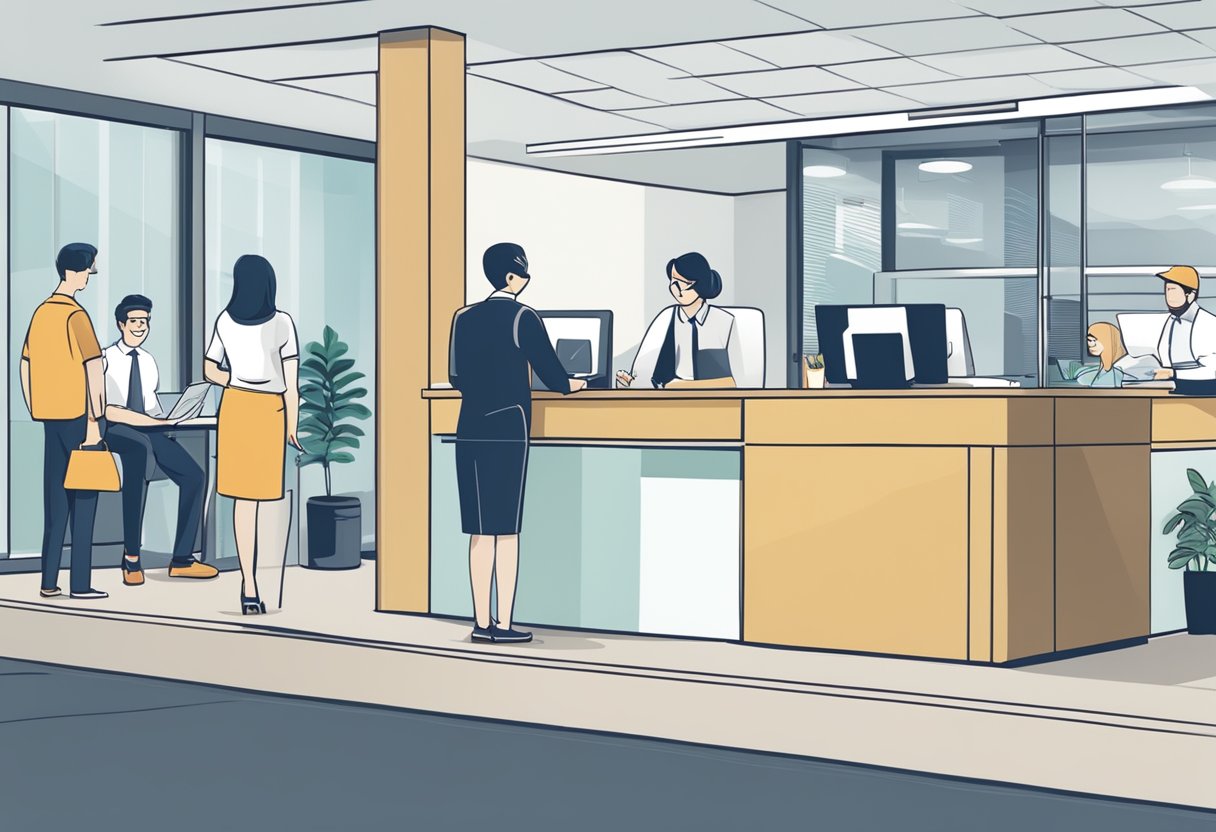 A busy office with a sign reading "Frequently Asked Questions licensed money lender pasir ris" on the front desk. Customers waiting in line, staff assisting clients