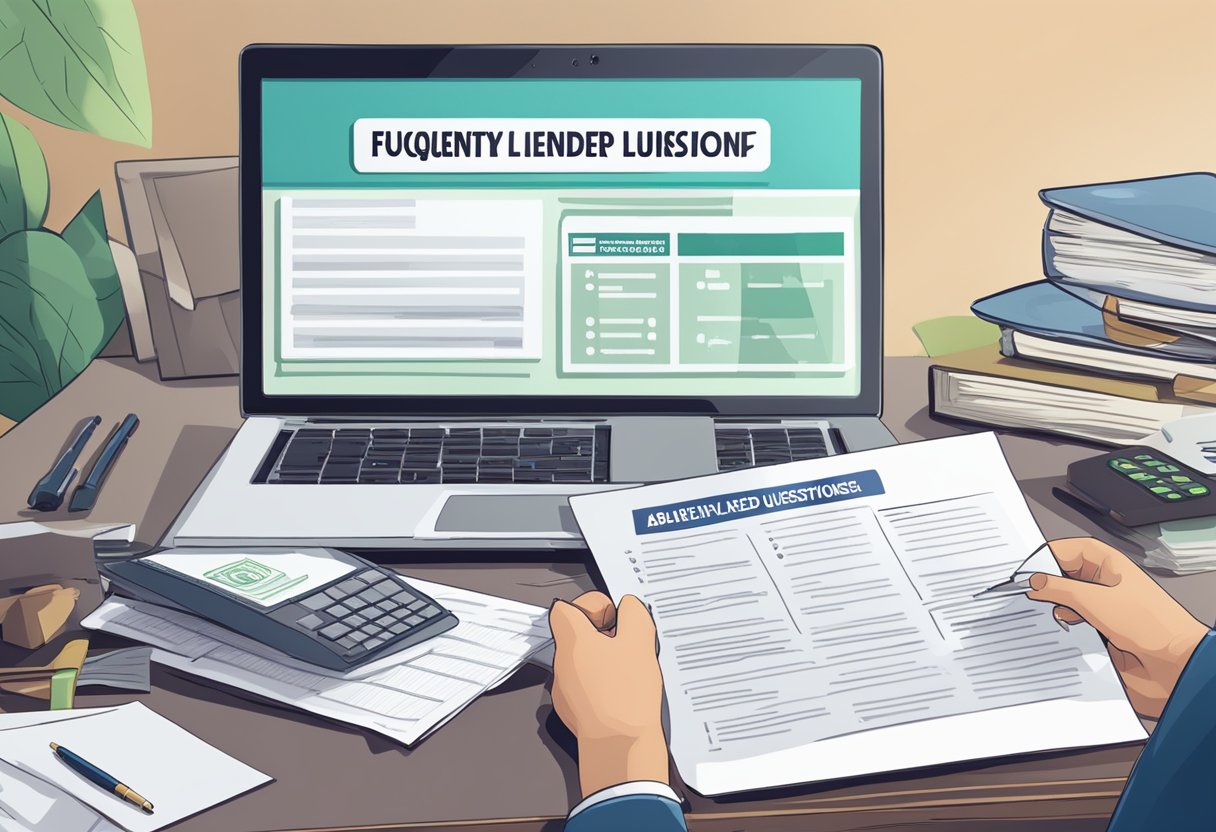 A table with a laptop, a stack of papers, and a sign reading "Frequently Asked Questions about abm license money lender" in a professional office setting
