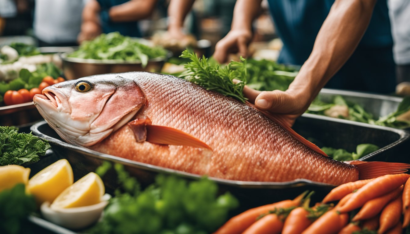 A hand reaches for a fresh red snapper at a bustling fish market, surrounded by vibrant herbs and spices