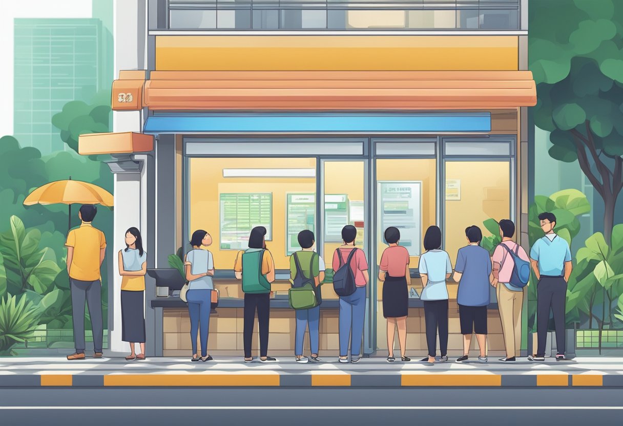 A licensed money lender's office in Serangoon, with a signboard and customers waiting in line