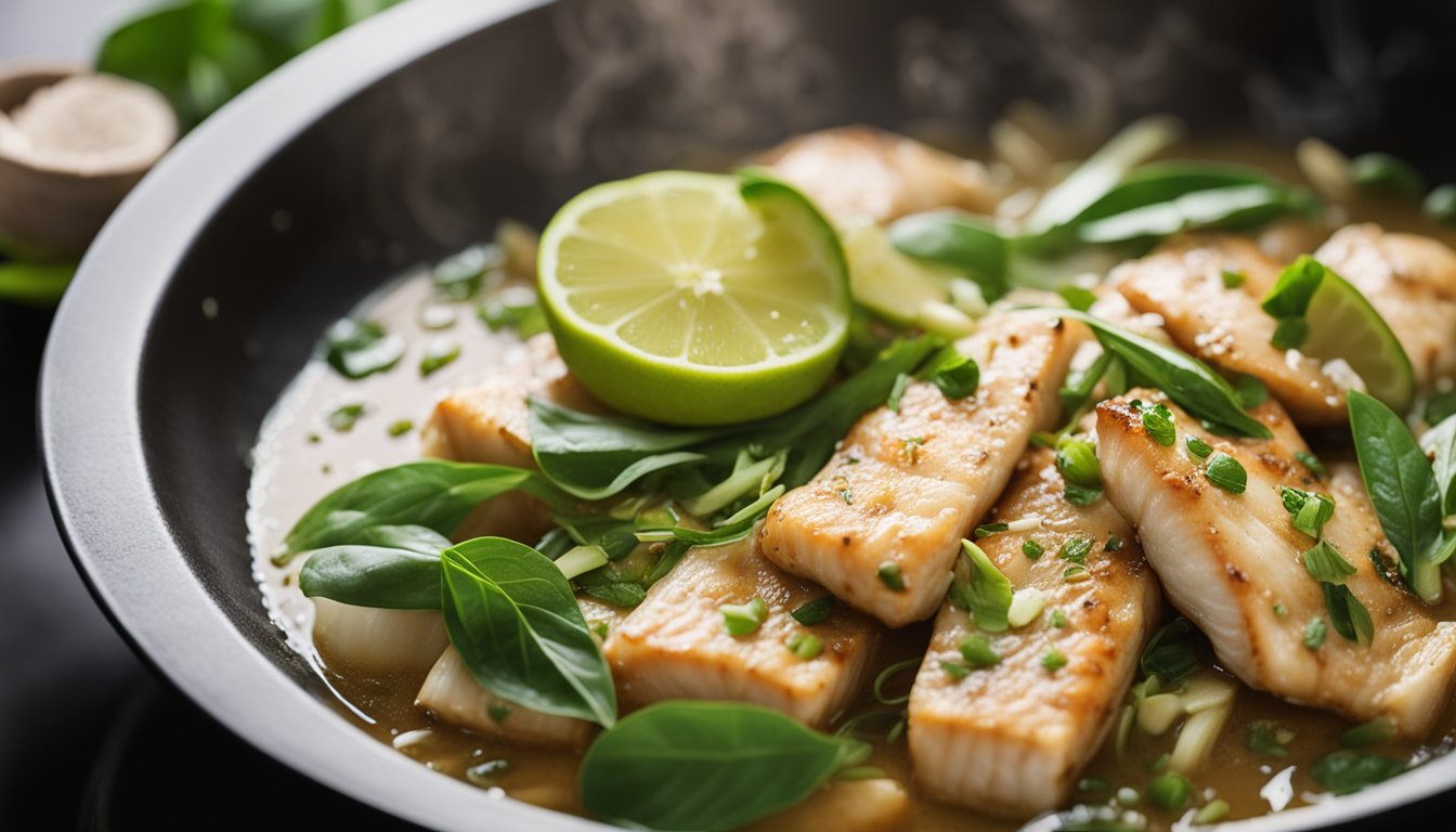 A wok sizzles with garlic, ginger, and lemongrass. A fillet of fish is gently placed in the bubbling sauce, infusing it with the flavors of coconut milk, lime, and Thai basil