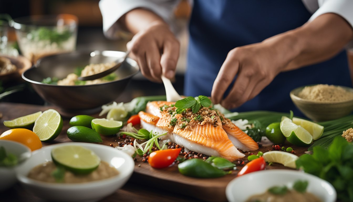A chef prepares a traditional Thai fish dish, surrounded by vibrant ingredients and aromatic spices, as he follows the steps of a frequently asked recipe