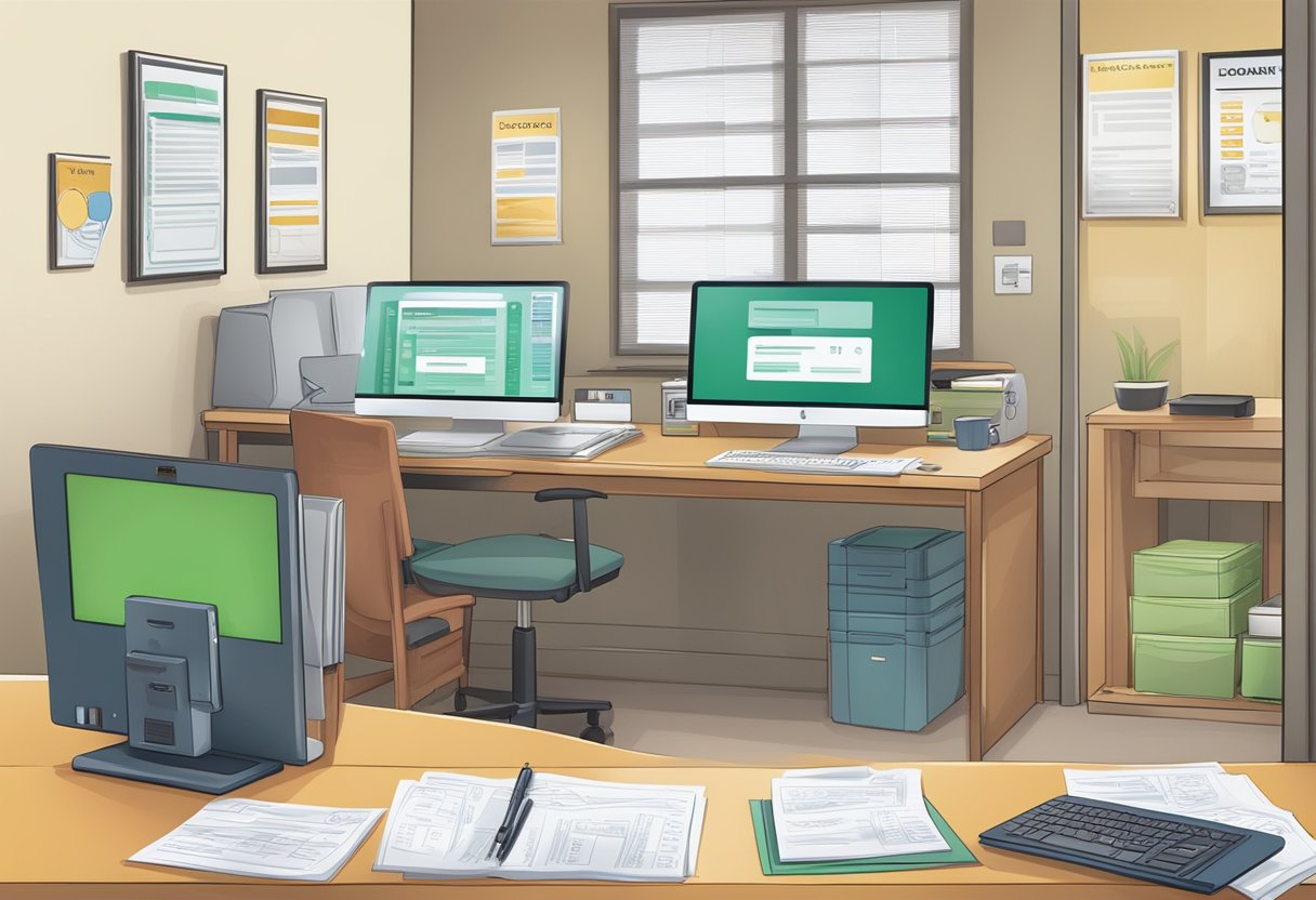 A desk with a computer, documents, and a sign displaying "Services and Loan Options Available" at a licensed money lender in Serangoon
