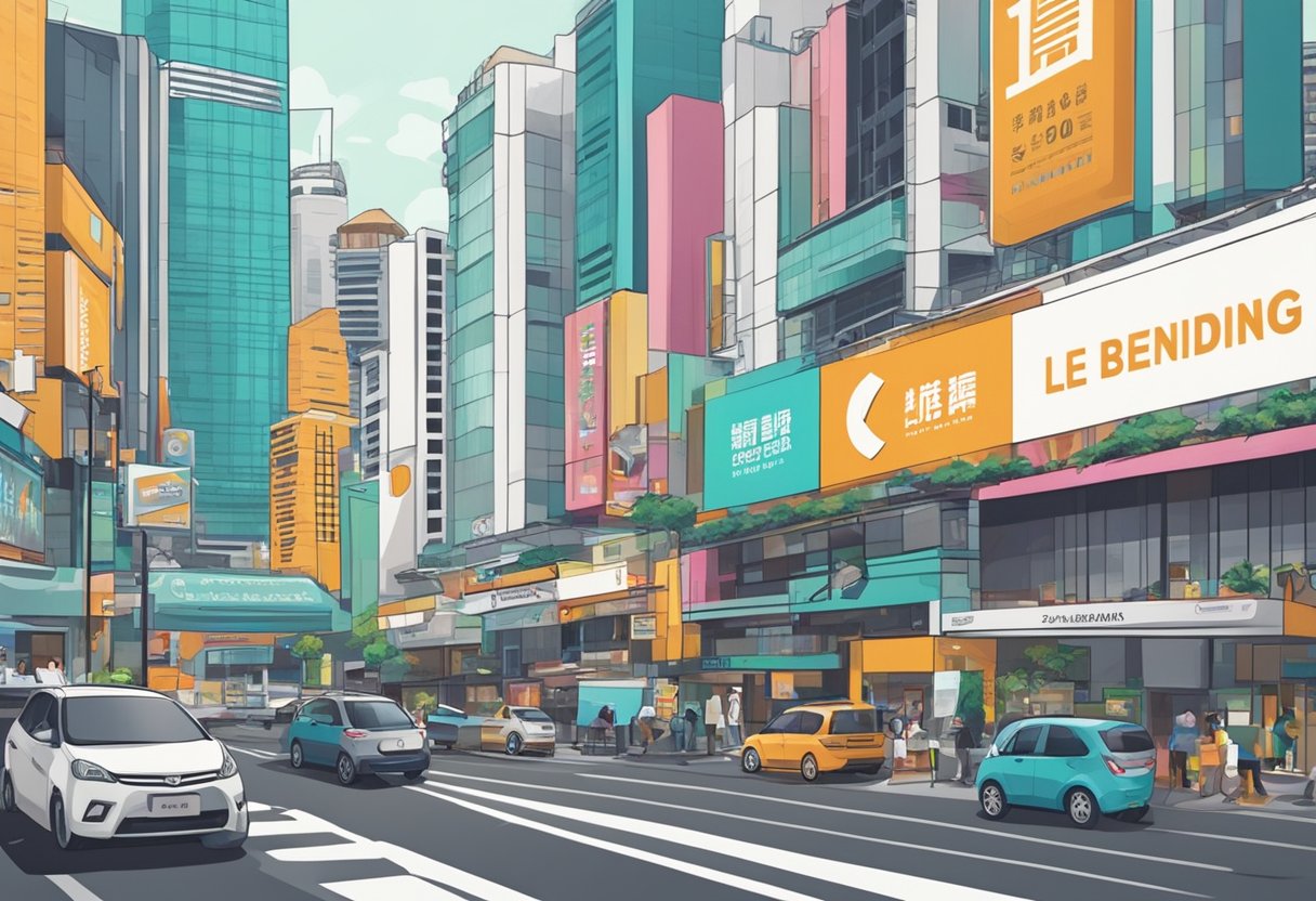 A bright, eye-catching sign on a busy Singapore street, with bold lettering advertising money lending services