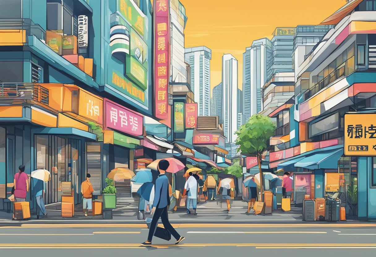 A money lender's sign stands out against the backdrop of a bustling Singapore street, catching the attention of passersby with its bold advertising