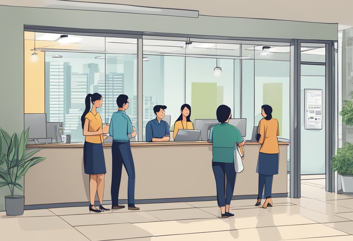A busy office with a sign reading "Frequently Asked Questions licensed money lender serangoon" on the front desk. Customers waiting in line, staff assisting
