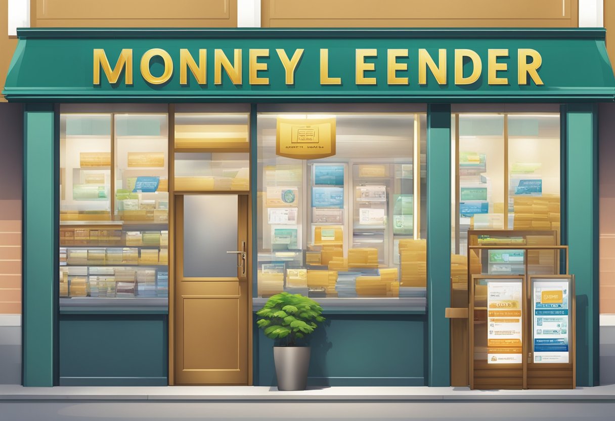 A money lender's sign hangs outside a storefront, displaying clear and concise information about their services, in compliance with Singapore's advertising regulations