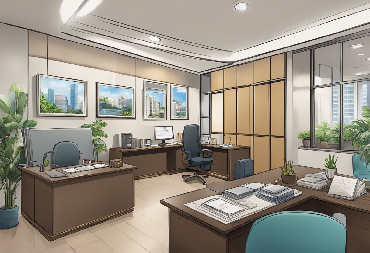 A legal money lender's office in Singapore's west area, with a sign displaying their services and a professional-looking interior