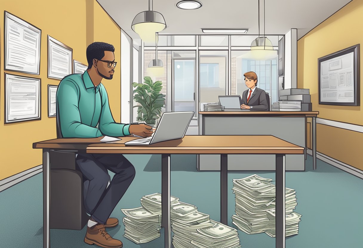 A person enters a licensed money lender's office, fills out loan application forms, and discusses terms with the lender
