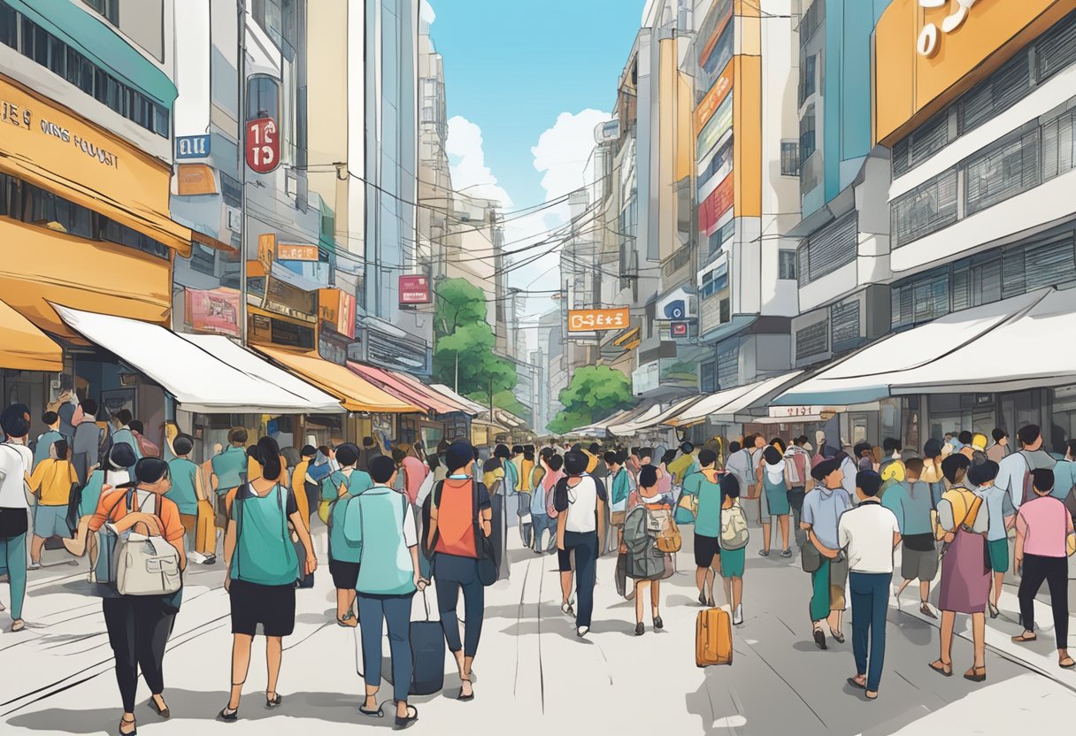 A bustling street in Bugis, Singapore, with a prominent sign for "1st Credit SG" licensed money lender, surrounded by people in a busy urban setting