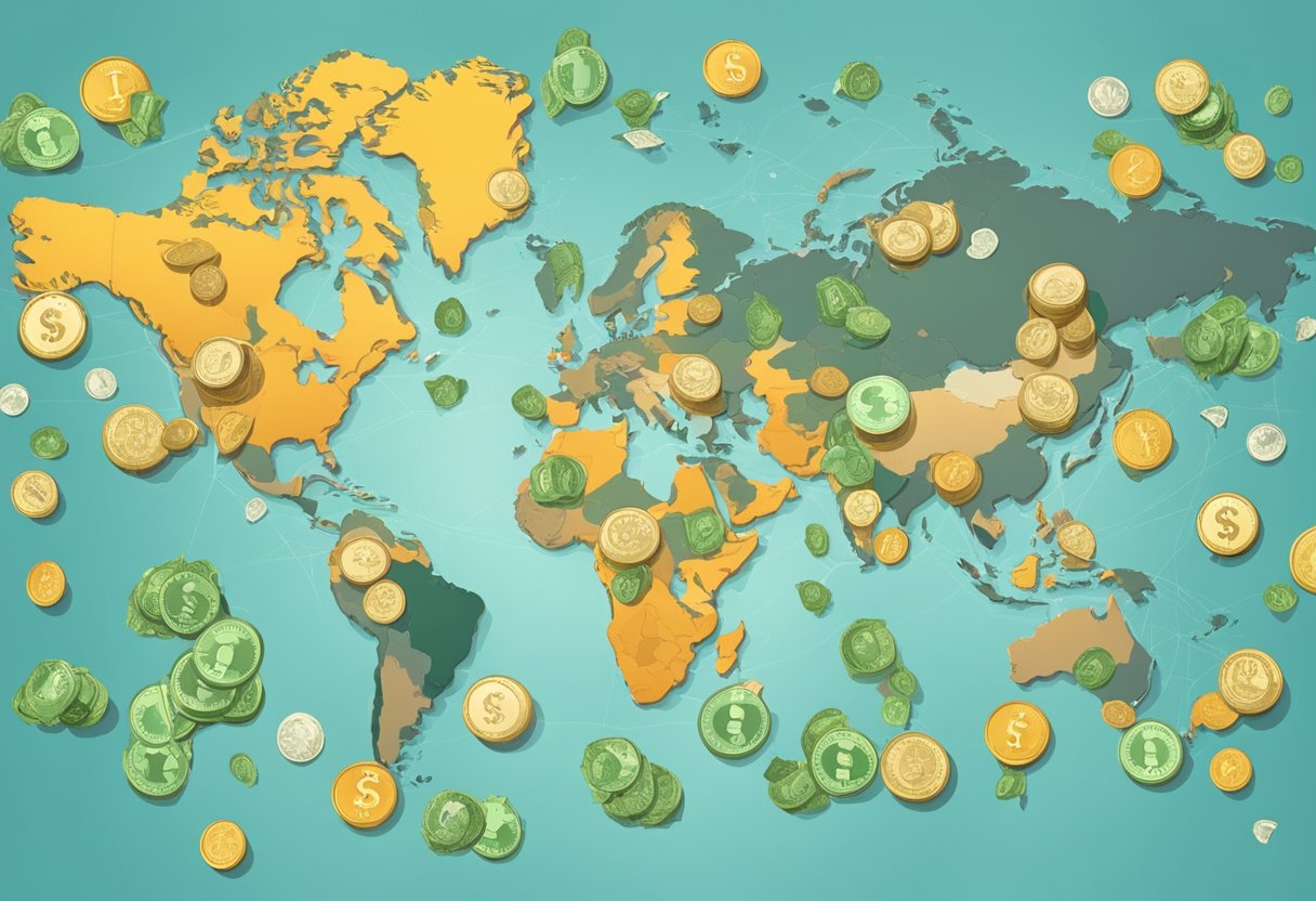 A global map with money symbols and various currencies circulating around the world