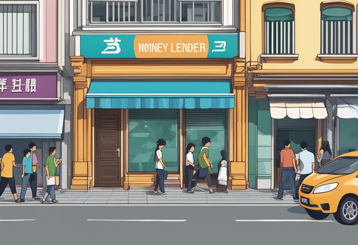 A licensed moneylender's sign hangs above a bustling street in Bugis, Singapore. The storefront is clean and professional, with a logo prominently displayed